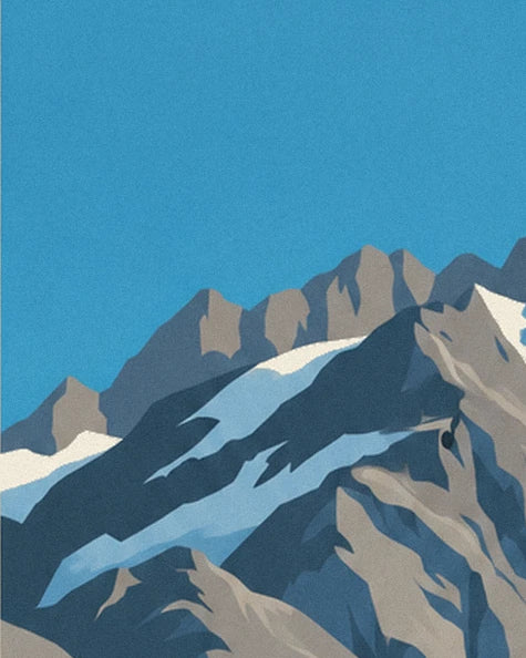 De rotsachtige kammen van het gebergte en de lichtblauwe gletsjertongen, onder een heldere blauwe lucht