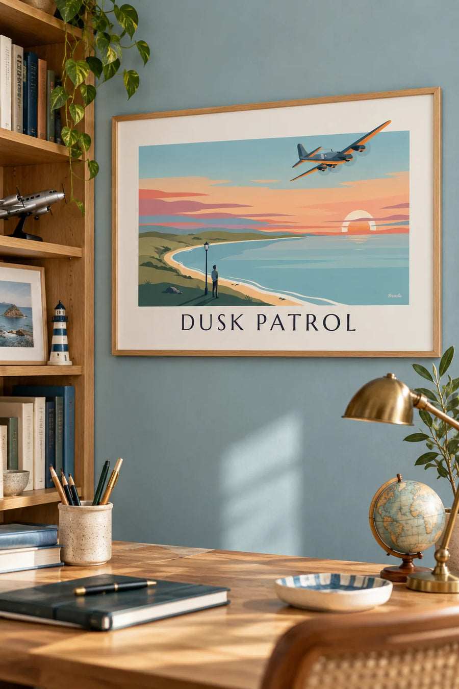 Poster viermotorige bommenwerper bij zonsondergang: ingelijst aan de muur