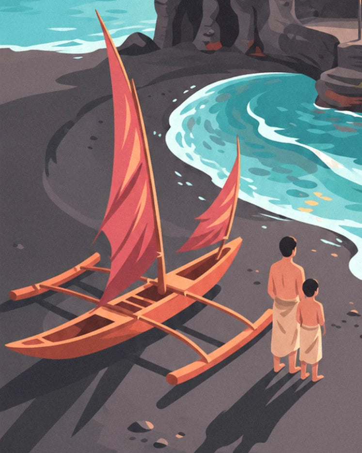 The outrigger canoe with red sails, and a father with his son on the black sand