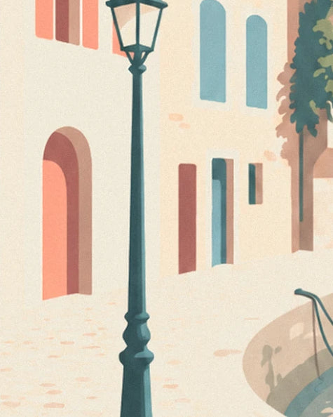 A blue-green street lamp in front of a cream façade, a coral arched doorway and a cobbled quay