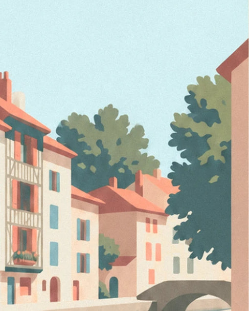 Coral and cream façades along the river, green trees and a small stone bridge
