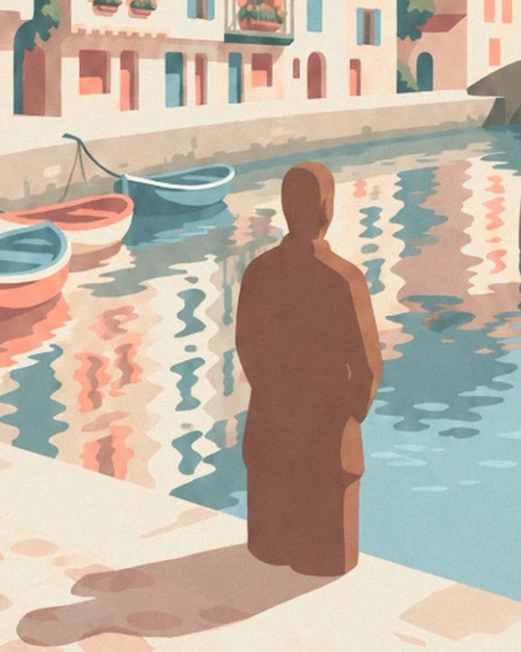 A brown silhouette by the water, facing the blue and coral boats and the reflections in the Nive