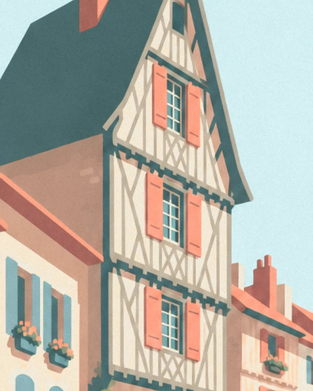 A half-timbered house with coral shutters, beneath a large blue-green slate roof