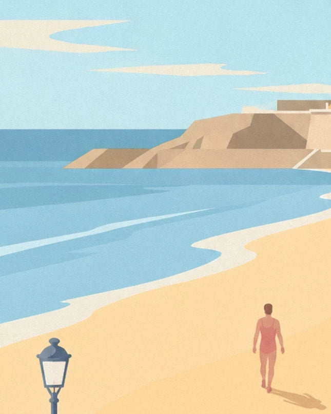 A man in pink swimming trunks walking along the water's edge, with a street lamp on the sand