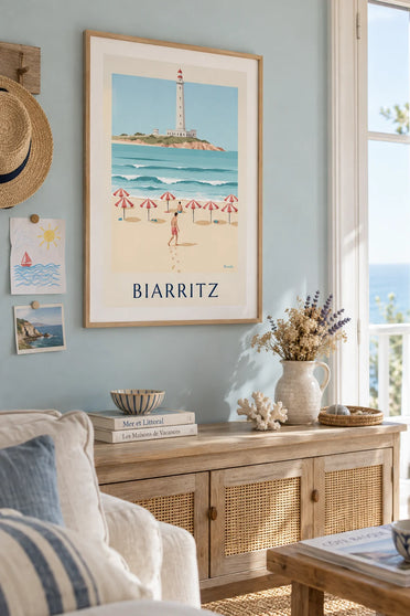 Poster gestreepte parasols en surfer op het Grande Plage van Biarritz: ingelijst aan de muur
