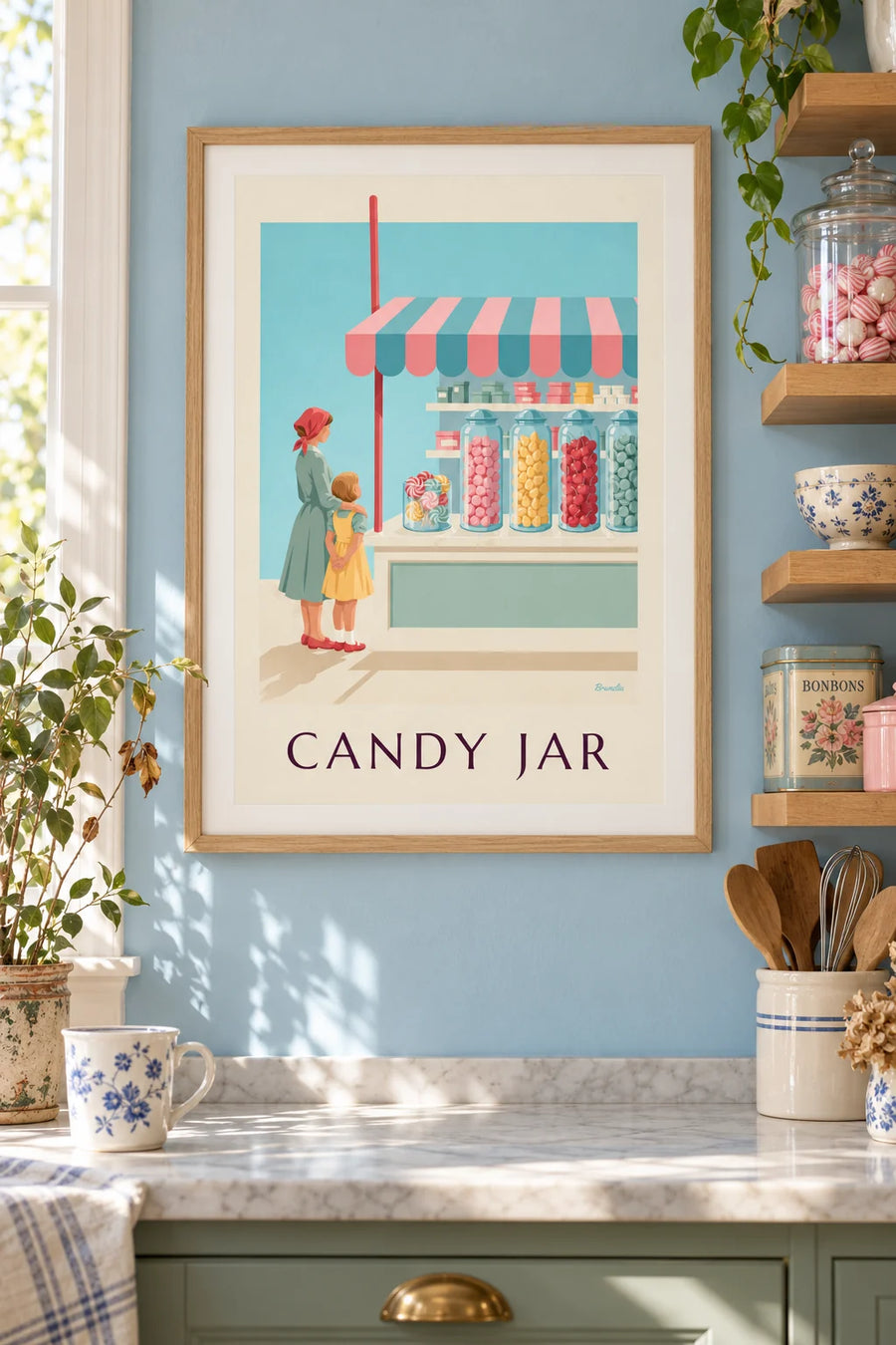 Poster lolly's en snoeppotten in een snoepwinkel: ingelijst aan de muur