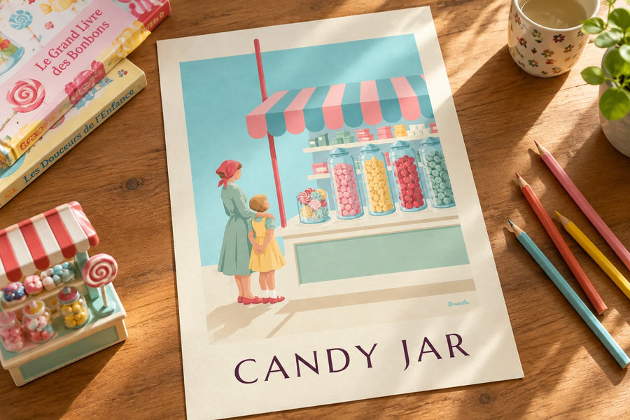 Poster lolly's en snoeppotten in een snoepwinkel: op een tafel