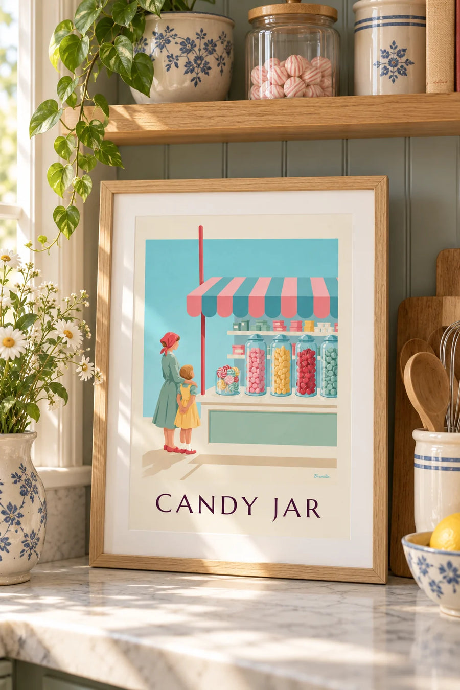 Poster lollies en snoeppotten in een snoepwinkel: klein A4-formaat in lijst