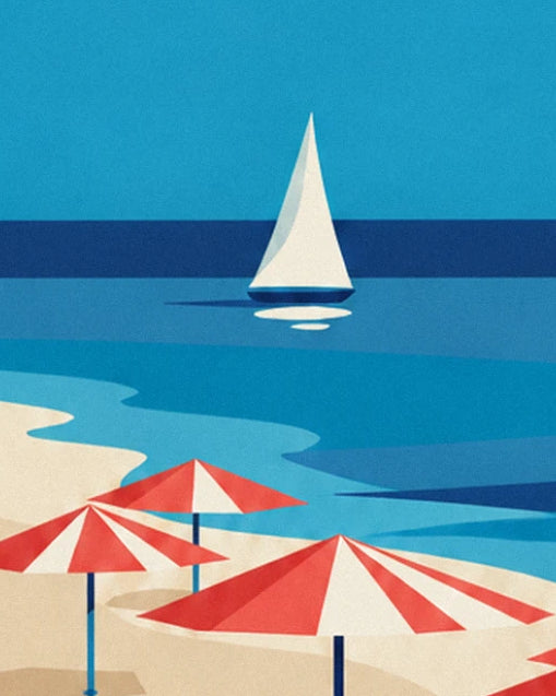 A sailing boat on the horizon and 3 red and white striped parasols on the beach, by the water