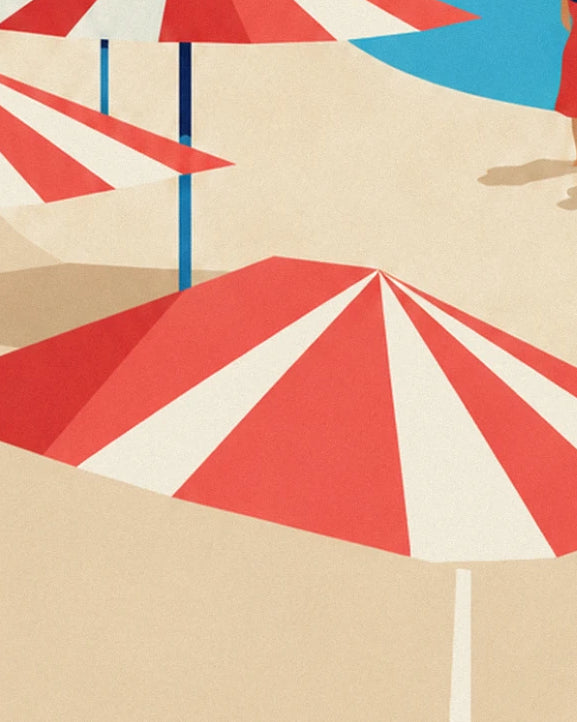 A large red and white striped parasol on the sand, with more parasols behind