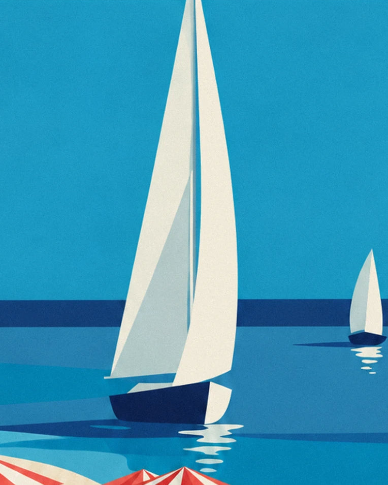 The large white sailing boat with a navy-blue hull, and a second sailing boat out at sea