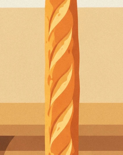 Een gouden stokbrood met diagonale sneden voor de crèmekleurige muur van de bakkerij