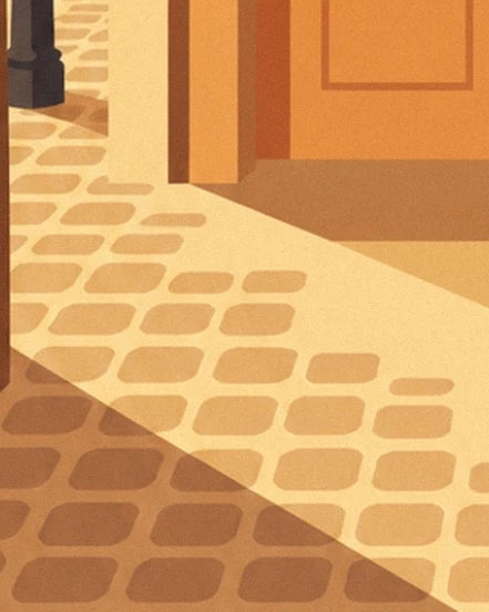 De okerkleurige stoeptegels voor de deur, doorsneden door een brede lichtstreep
