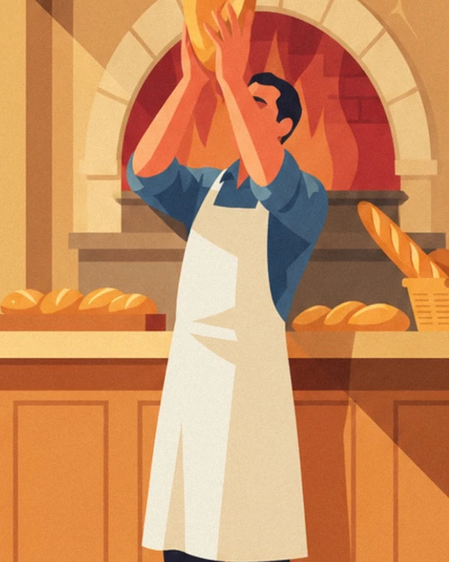 De bakker in een wit schort, met opgeheven armen voor de oven en de gouden broden