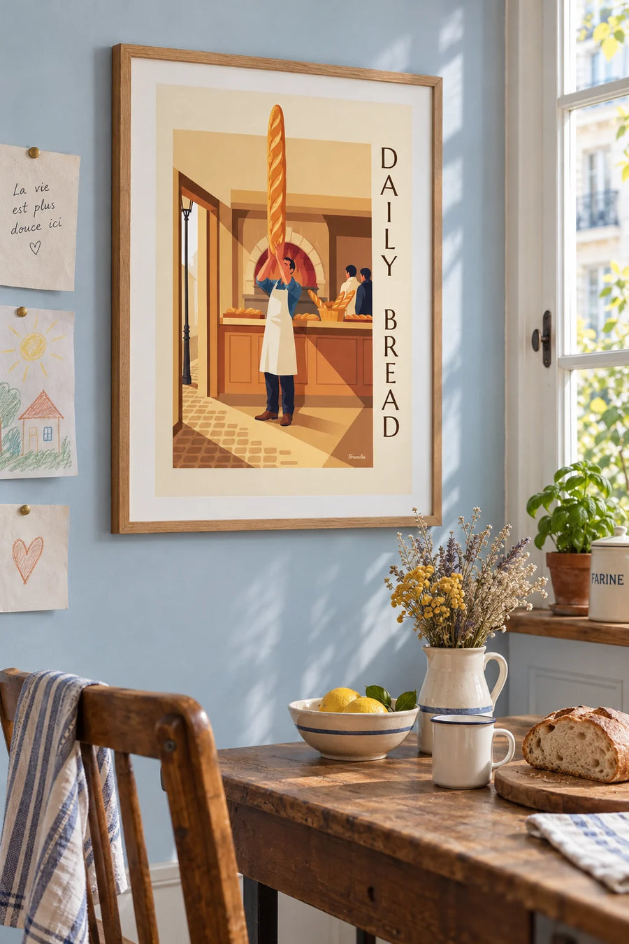 Poster bakker met gouden broden voor de oven: ingelijst aan de muur
