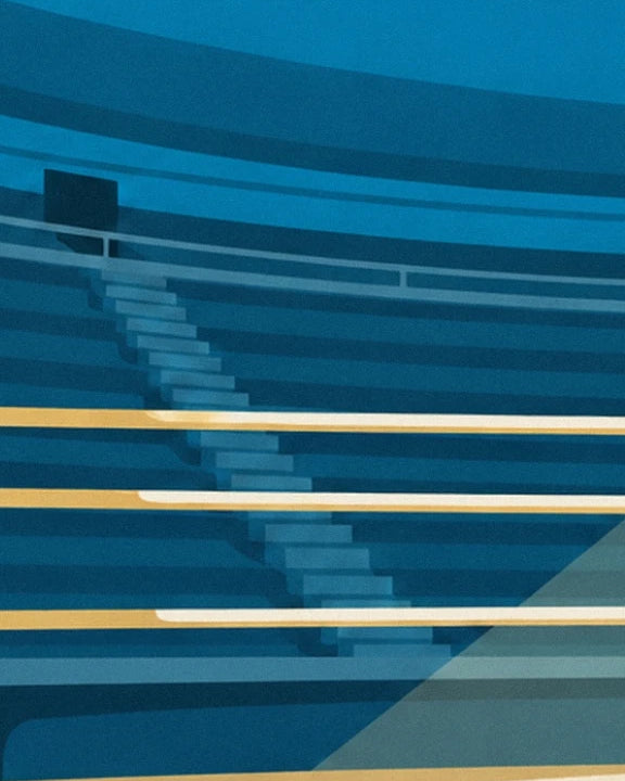 The ring’s 3 golden ropes in front of the blue stands crossed by a stairway