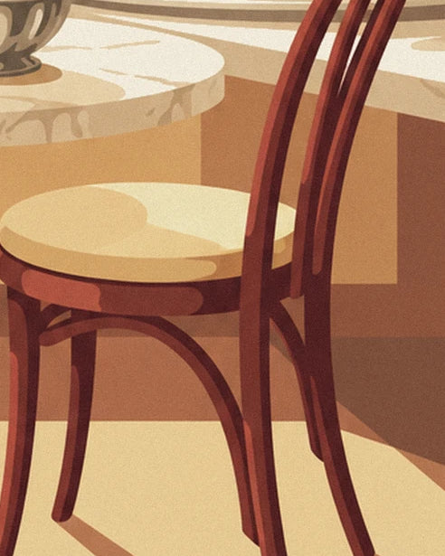 A chair with a bentwood back and a cream seat near the tables