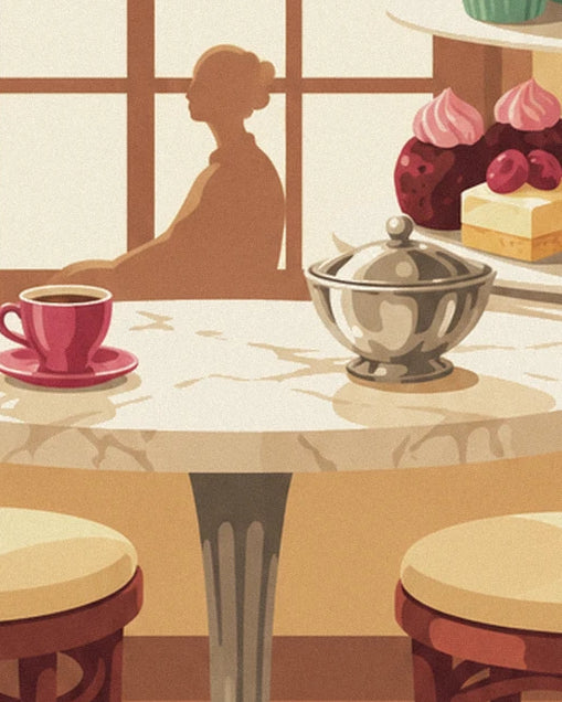 A pink cup and a silver sugar bowl on the table in front of a seated figure