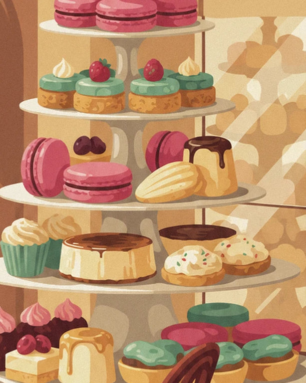The tiered cake stand filled with pink macarons, cakes and petits fours