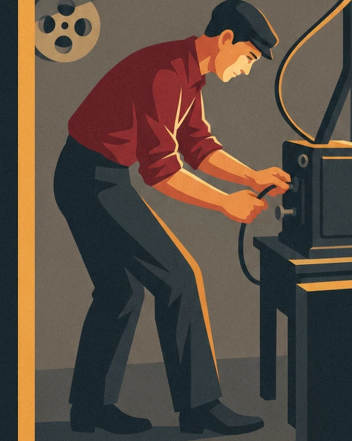 The projectionist in a red shirt leaning over his film projector