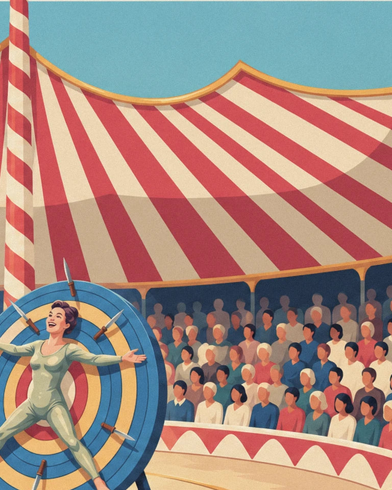 Knife thrower and target wheel under the big top poster: close-up detail