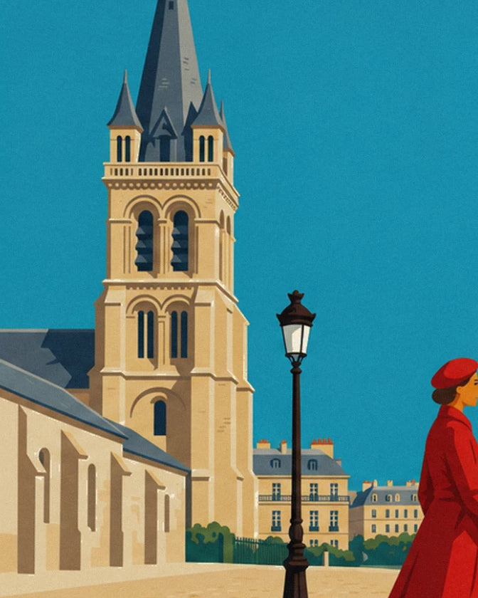 De klokkentoren van lichte steen van de kerk, de zwarte straatlantaarn en een voorbijganger in een rode jas