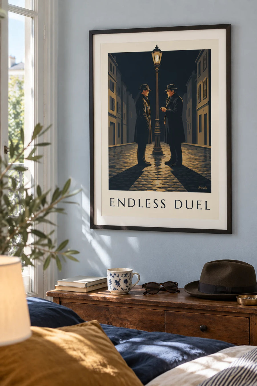 Poster van een film-noirduel onder een straatlantaarn in een regenachtige nacht: ingelijst aan de muur
