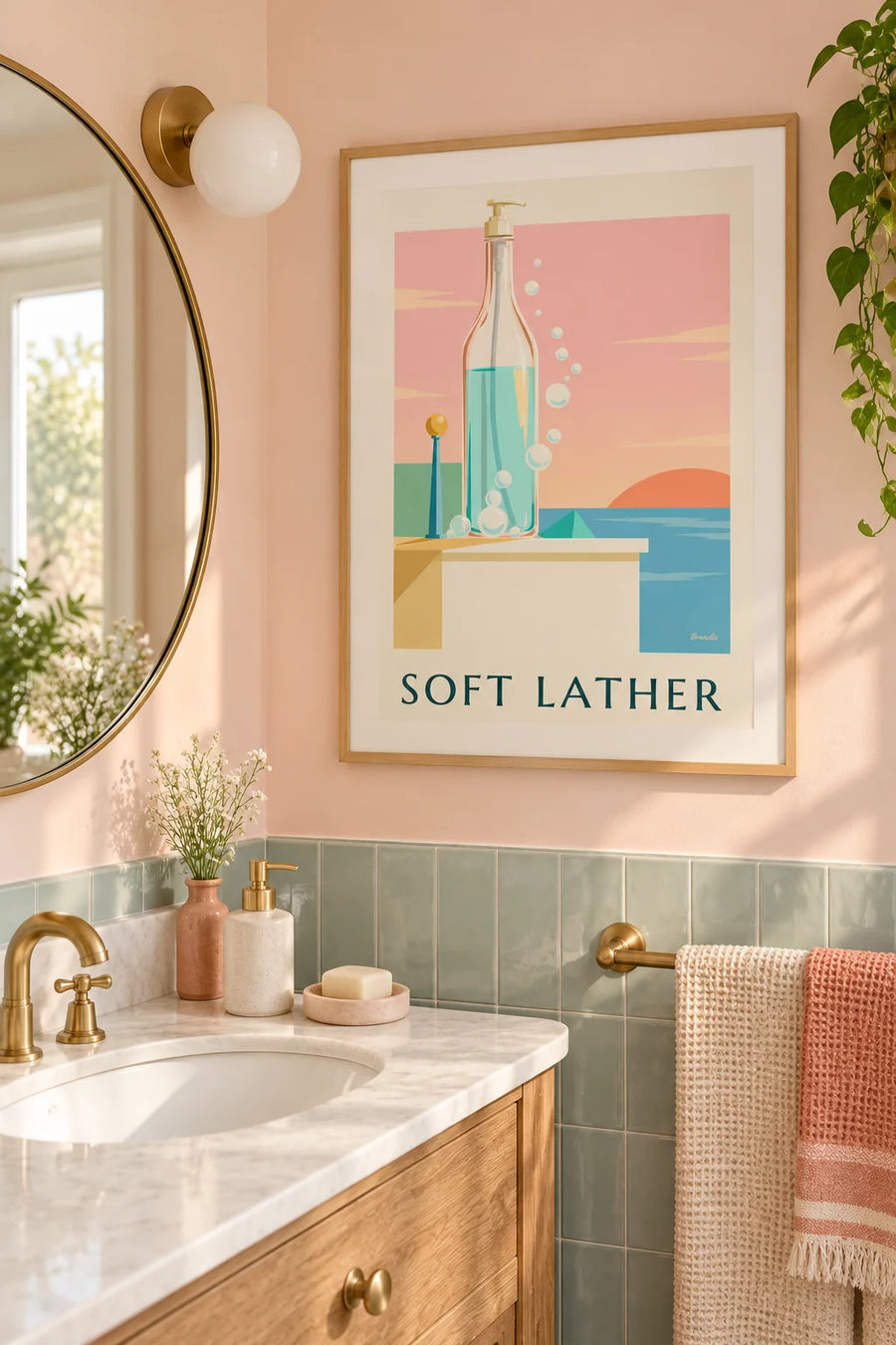 Poster fles vloeibare zeep en zeepbellen in de badkamer: ingelijst aan de muur