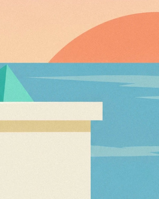 A cream ledge in front of flat blocks of turquoise, peach and orange