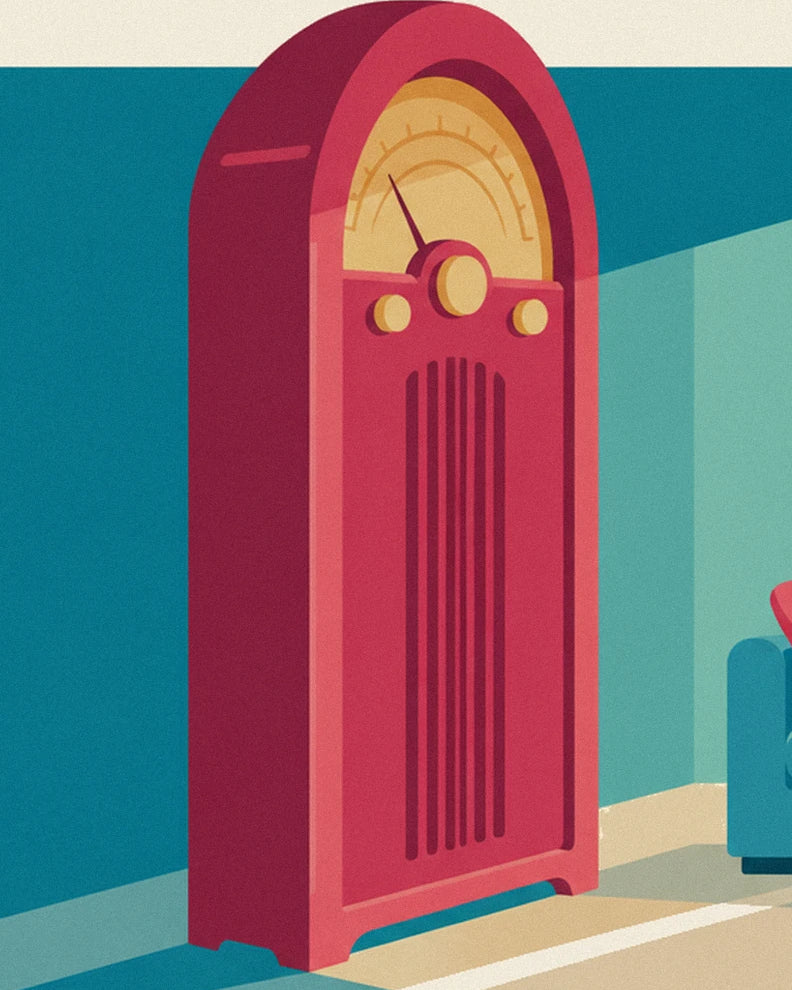 Le poste de radio rose à cadran doré et boutons ronds, contre le mur turquoise
