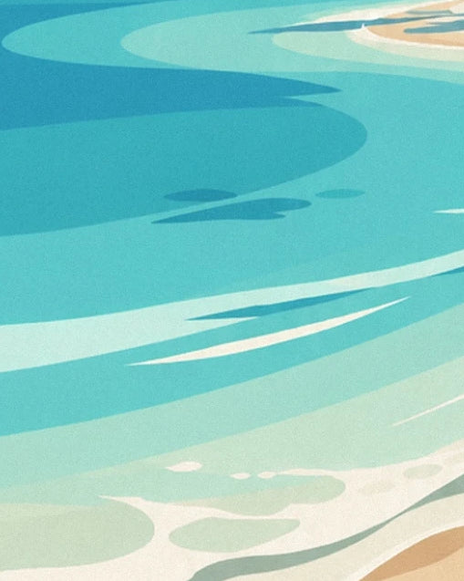 The turquoise curves of the sea and ribbons of white foam along the pale sand