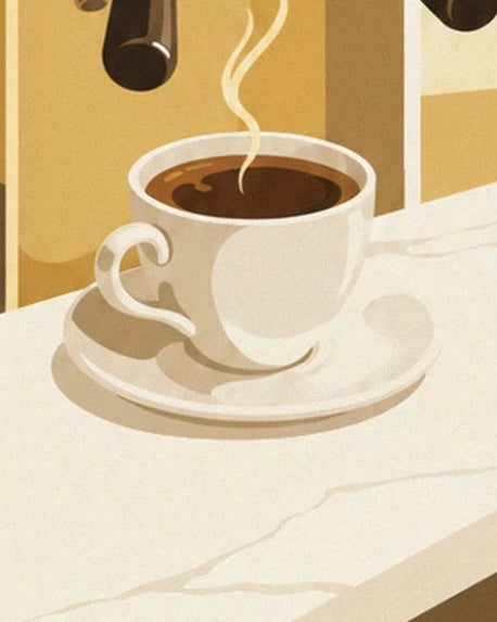 A white cup of steaming espresso on its saucer, at the edge of the cream counter