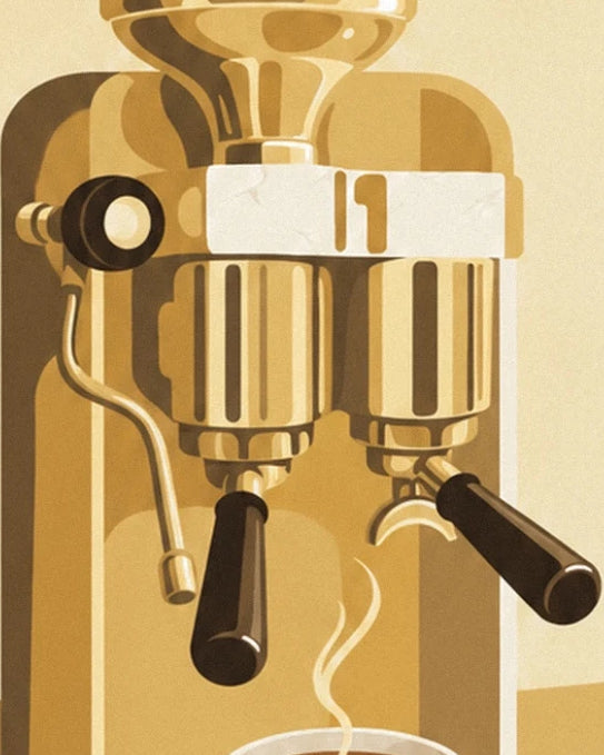 The 2 black portafilters and curved steam wand of the golden espresso machine
