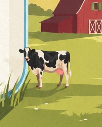 Une vache noire et blanche au pis rose, dans l'herbe devant la grange rouge