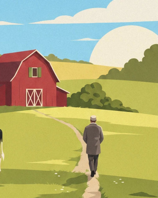 Le fermier en veste grise sur le chemin de terre vers la grange rouge, sous un grand soleil pâle