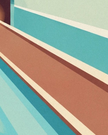The brown bowling lane bordered by cream lines and turquoise surfaces