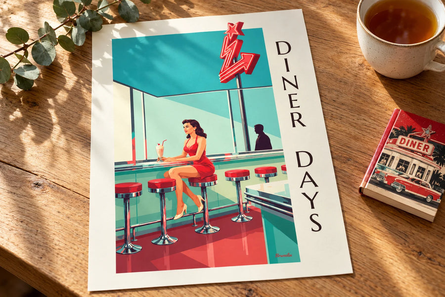 Poster pin-up aan de toonbank van een Amerikaanse diner: op een tafel