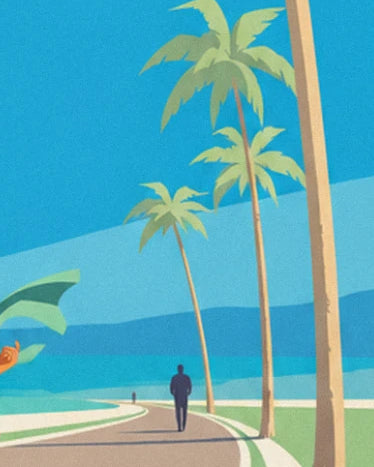 The palm trees lining the coastal road and a distant figure facing the turquoise sea