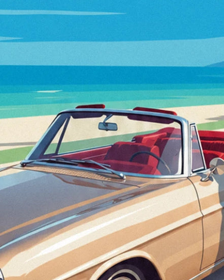 The beige convertible with red seats, facing the turquoise sea and pale sand