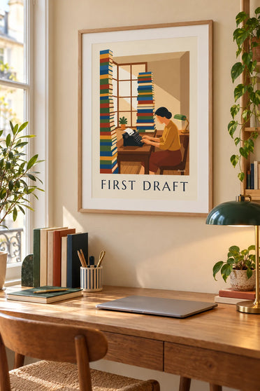 Poster schrijfster achter een typemachine: ingelijst aan de muur