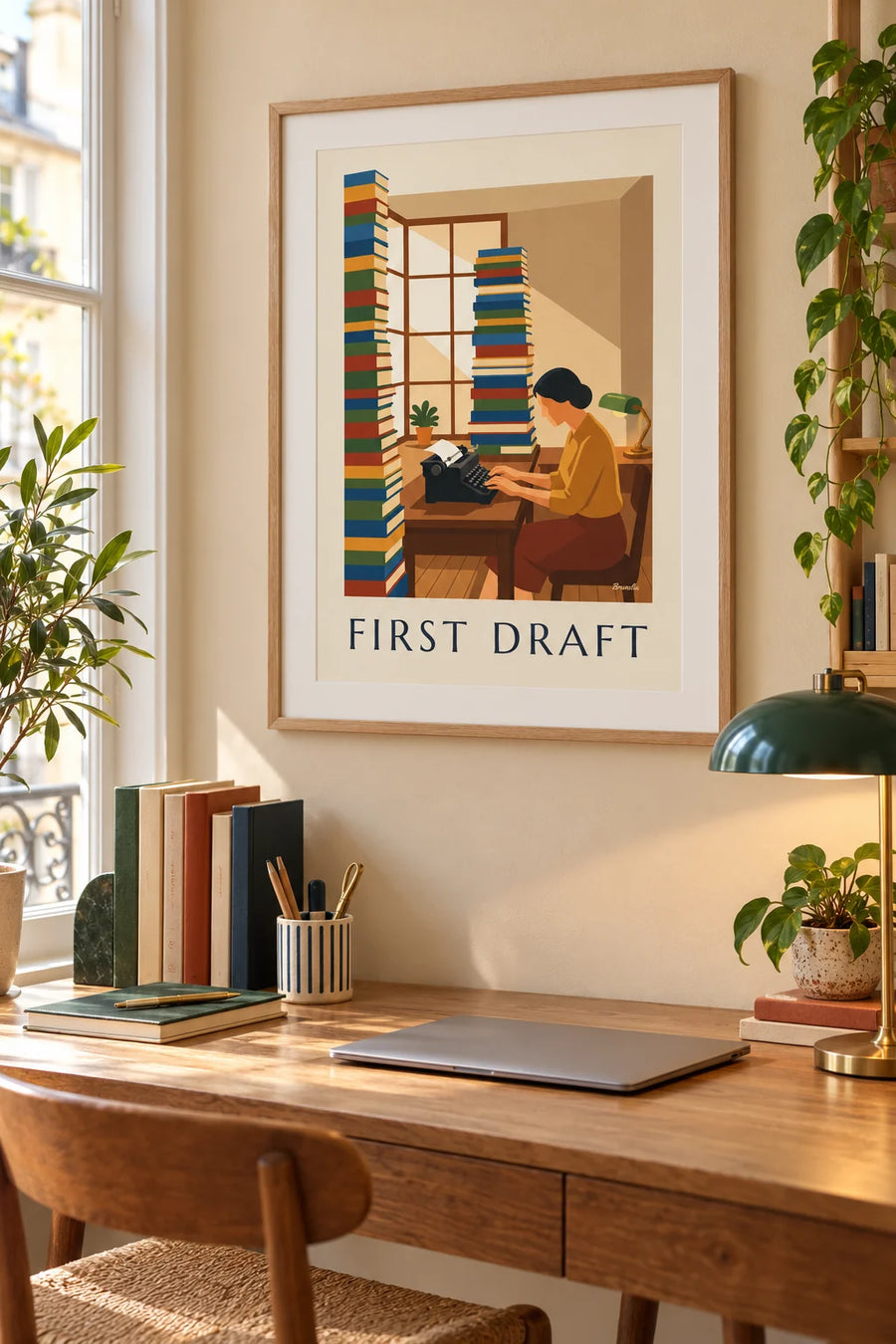 Poster schrijfster achter een typemachine: ingelijst aan de muur
