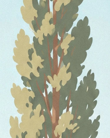 The green foliage and brown branches of a tree against a blue sky