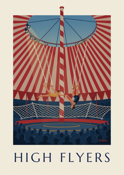 Poster trapeziumartiesten onder een gestreepte circustent: de volledige poster