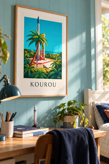Poster van een raket op het lanceerplatform in Kourou in Frans-Guyana: ingelijst aan de muur