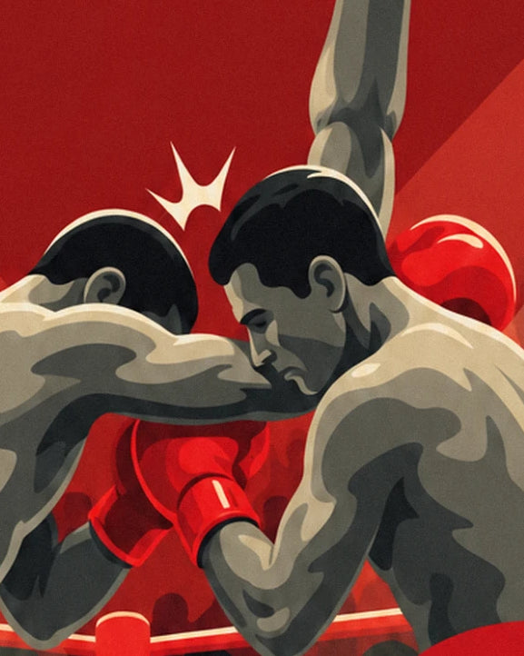 Les 2 boxeurs en corps à corps, gants rouges serrés, un bras levé derrière eux