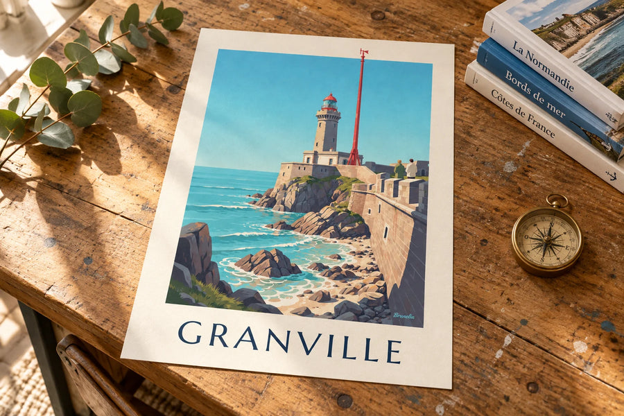 Poster van een witte vuurtoren met rode lantaarn op de rotsen van Granville: op een tafel