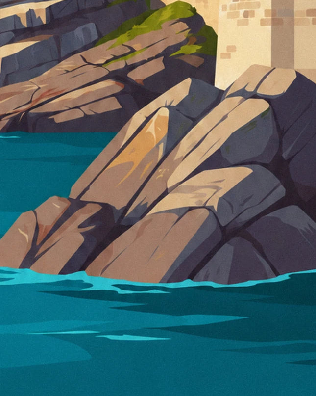 Large brown rocks and green moss plunging into a teal sea