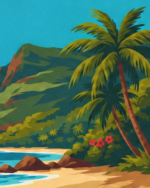 Palm trees and red flowers in front of the green hill above the golden sandy beach