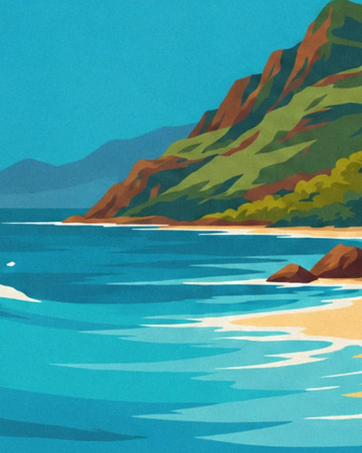 The coast with brown and green cliffs plunging into a turquoise sea, with rocks on the sand