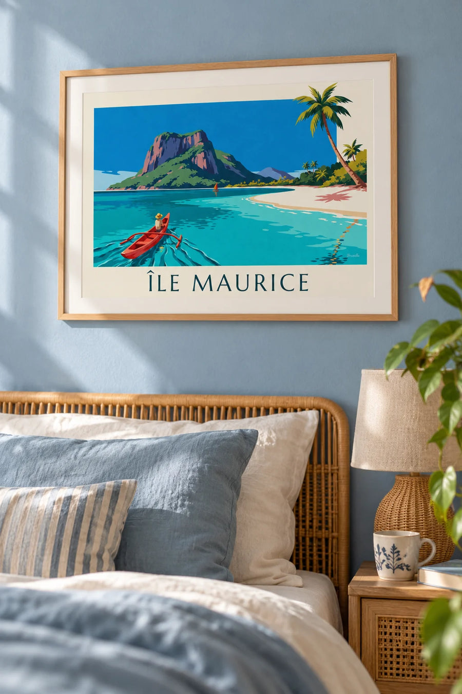 Affiche lagon, cocotiers et Morne Brabant à l'île Maurice : encadrée au mur
